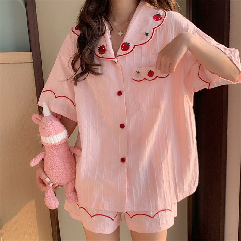#39 kvinders pyjamas sommernat hjemmedragt nattøj bomuld jordbær broderi pijamas hjemmetøj pyjamas kawaii pj sæt