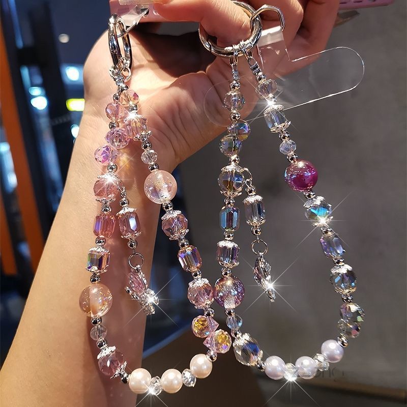 Handmade Beaded Phone Chain Full Diamond Fox Pendant Zircon Pearl Crystal Wrist Style Phone Chain Rope Hanging Rope Lanyard