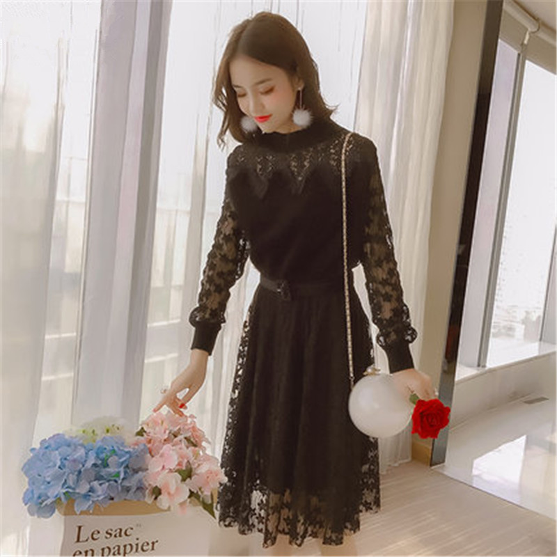 Tcyeek Women Long Dresses Early Spring Female Clothes Lace Knitted Black Dress Girls Clothing LWL130