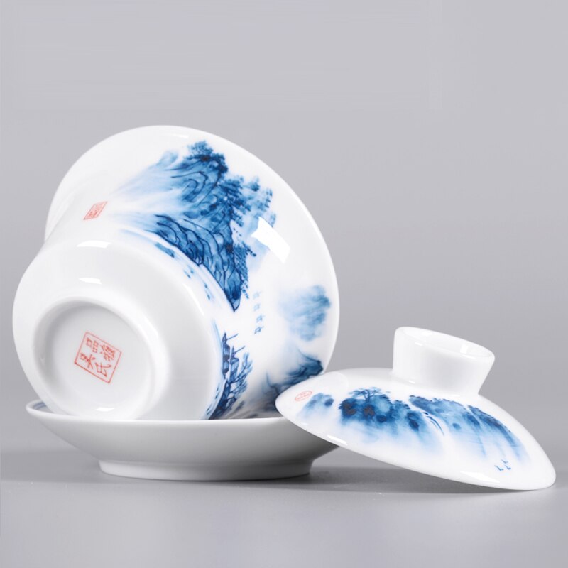 Tureen paysage en porcelaine bleu et blanc, tasse Gaiwan avec couvercle, Kit de soucoupe, bol à thé en céramique, décoration, artisanal 7oz