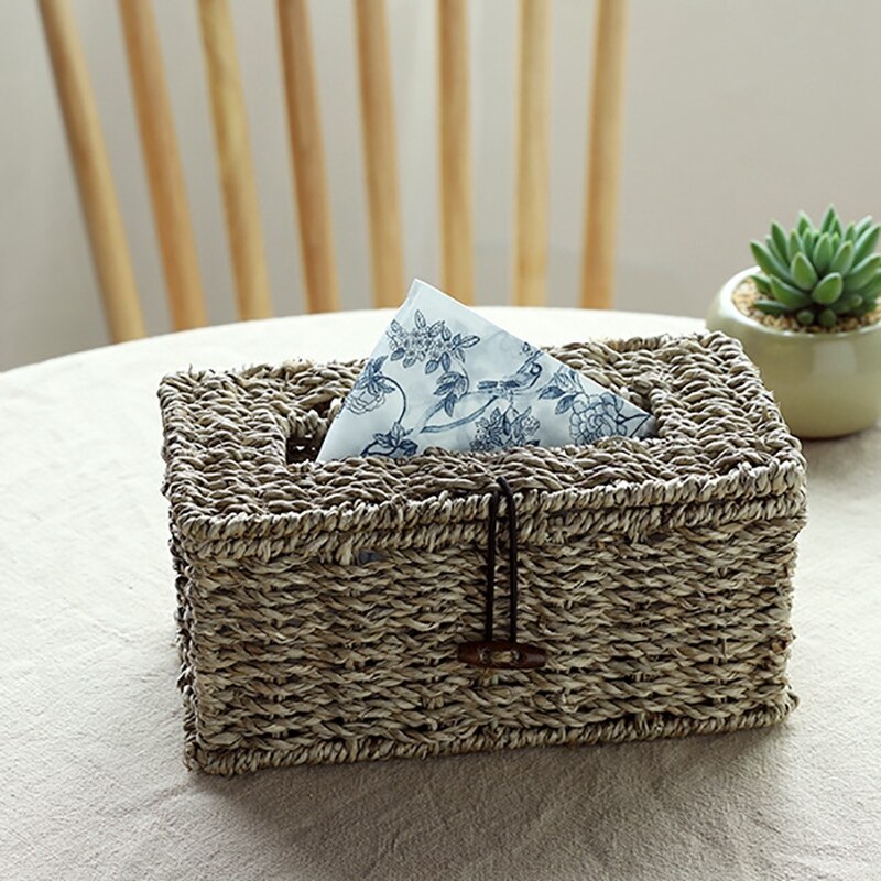 Handmade Woven Natural Rustic Brown Seagr Tissue Box, Rectangular Storage Box Sundries Storage Box