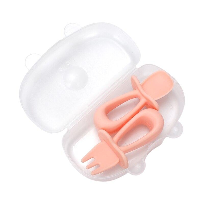 2 stuks/set babytraining korte steel siliconen vork lepel set baby servies  a2ub: Roze