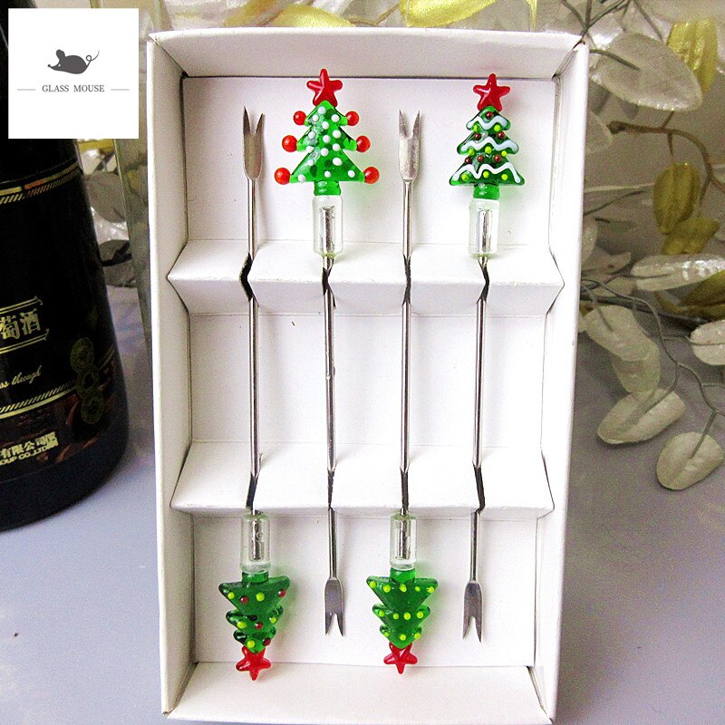 Creatieve Handgemaakte Murano Glas Kerstboom Fruit Vork Set Miniatuur Servies Rvs Cocktail Cake Dessert Sticks