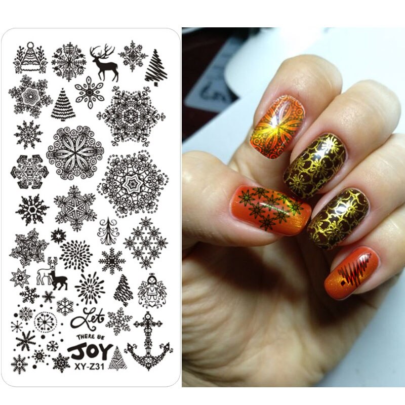 Nagel Stanzen Platten Weihnachten Schneeflocken Elch Glocke Santa Claus Winter Nail art Stempel Vorlage Bild Platte Schablone Maniküre Werkzeug