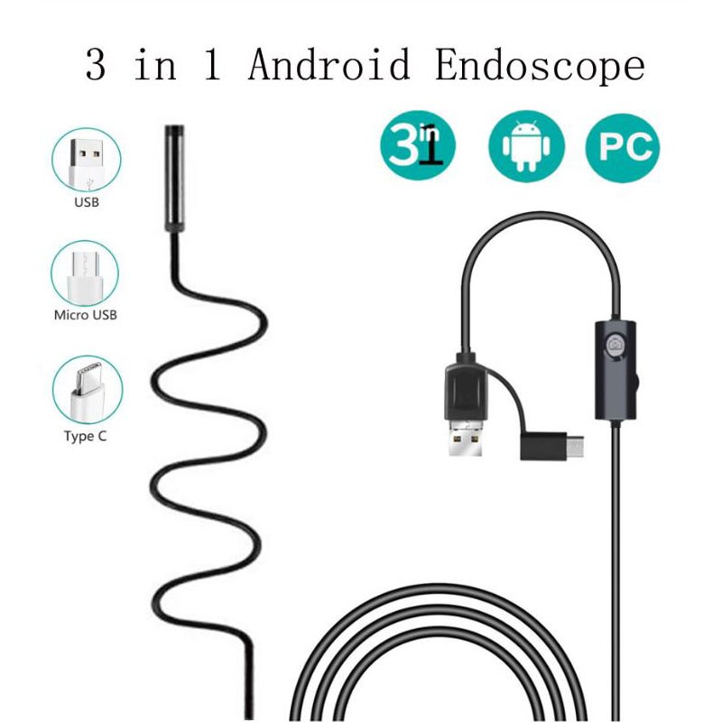 720P USB Camera 3 In 1 Industrial Endoscopy Camera 8mm Endoscope Camera IP67 Waterproof Belt 6 LED For Android Mobile Phone: Default Title