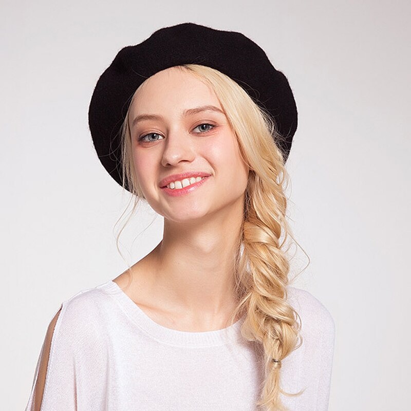 Kvinder uldfilt baret varm fransk klassisk beanie slouch baskisk ensfarvet dame kunstner hat kasket tam multi farver