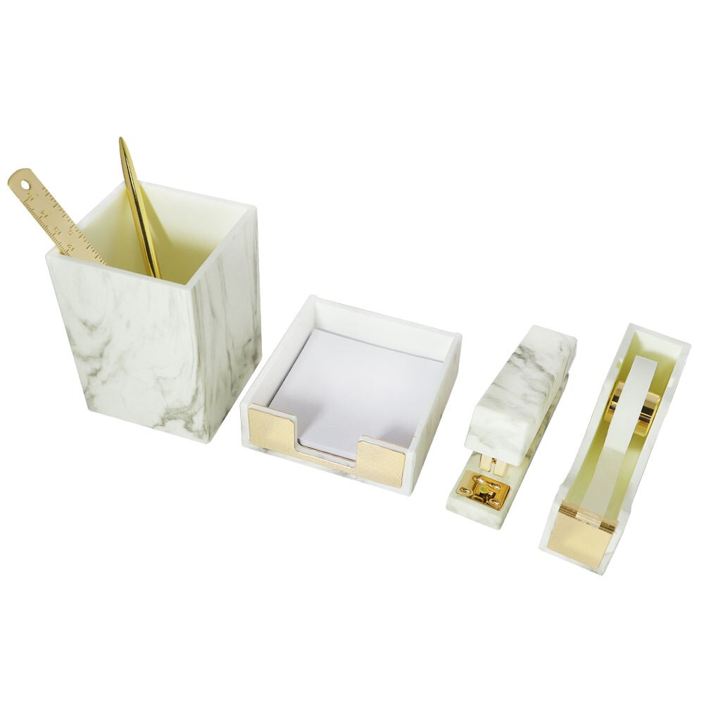 Marble Gold Desk Accessories Organizer Set Tape Dispenser Stapler for Desk Sticky Notes Holder Pencil Pen Holder Office Supplies