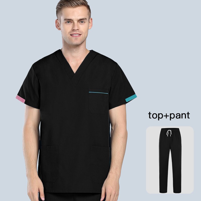 Männer Peelings Eingestellt Sommer Kurzarm V-ausschnitt Spa Uniform Hundesalon Agentur Schönheit Salon Arbeiter Kleidung Pflege Matt Tops Hosen: black / S