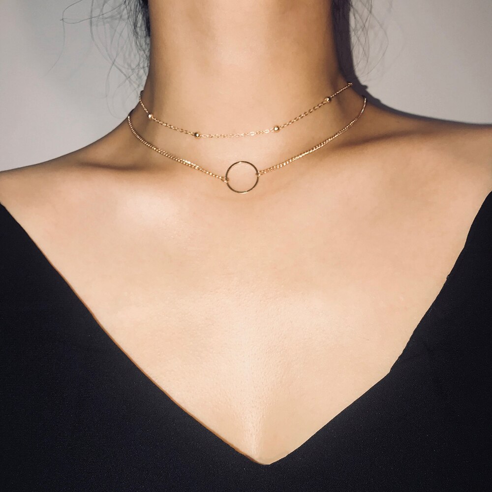 SUMENG Neue Moderne Halsband Halskette Zwei Schichten Runde Halsketten Gold Farbe Halskette Halsband Schmuck Für Frauen