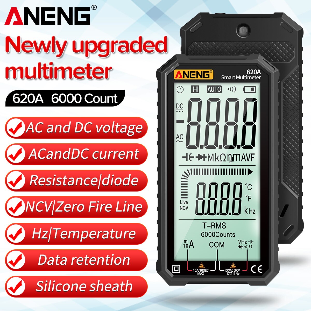 ANENG True-RMS Auto-Ranging Digital Multimeter with Amp Volt Ohm Capacitance Continuity Temperature Frequency Diode Tests: Black
