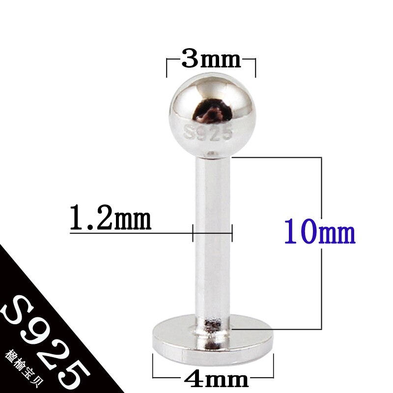 Labret Lichaam Sieraden Piercing 925 Puur Zilver Lip Stud 6 8 10 Mm Basic 16G Sterling Zilver 3mm Ball Lip Piercing Sieraden: PIN length 10mm