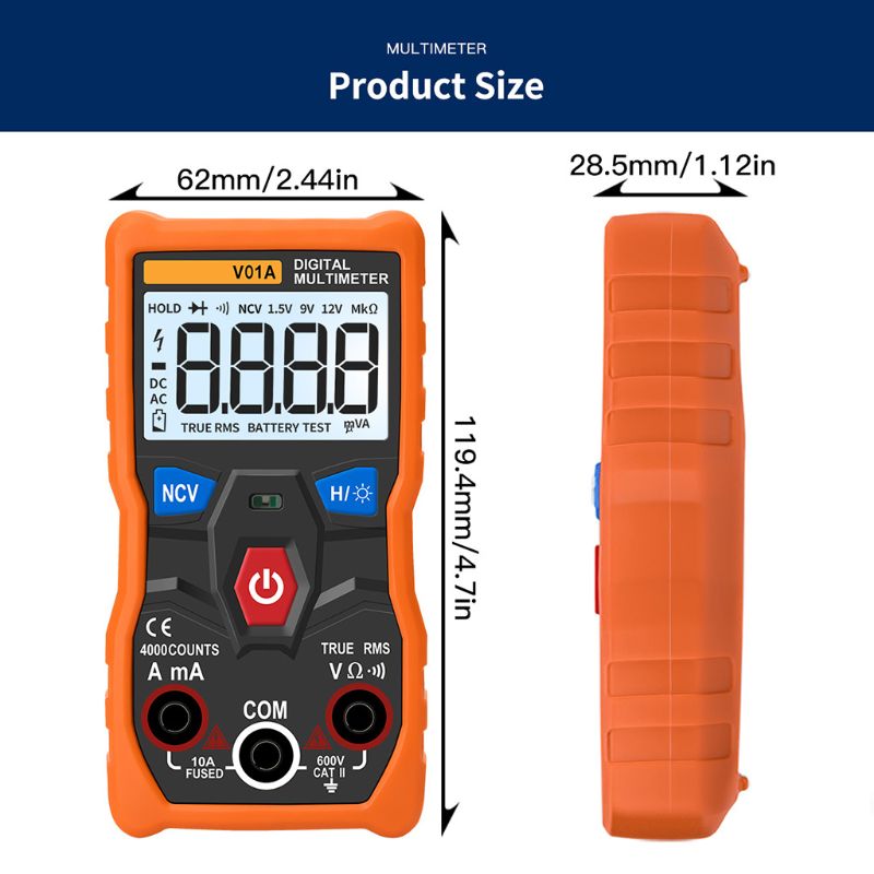 V01A Digitale Multimeter Auto Range True Rms Ncv Data Hold Backlight Zaklamp Y5GD