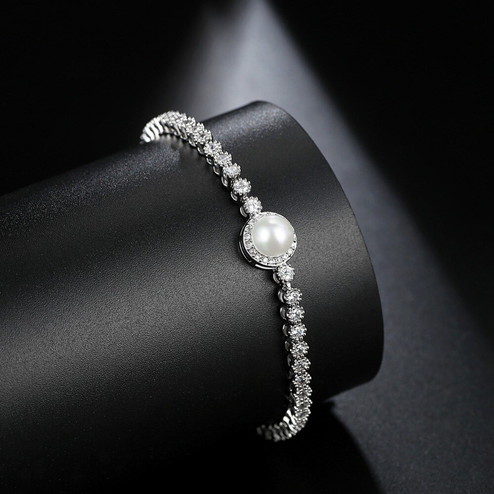 LUOTEEMI Edle Nachahmung Perle Luxus Zirkonia Tennis Armbinde Armbänder Für Frauen Braut Hochzeit Zubehör Schmuck