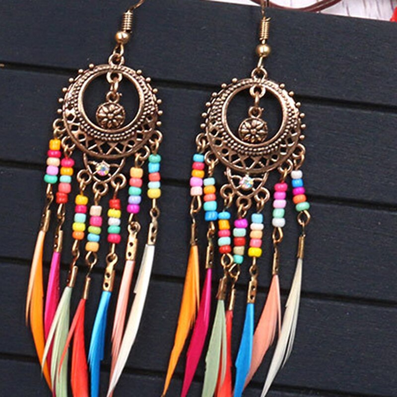Tribal Etnische Dream Catcher Oorbellen Imitatie Veer Kwastje Overdreven Persoonlijkheid Oorbellen Bohemian Stijl Dames Sieraden