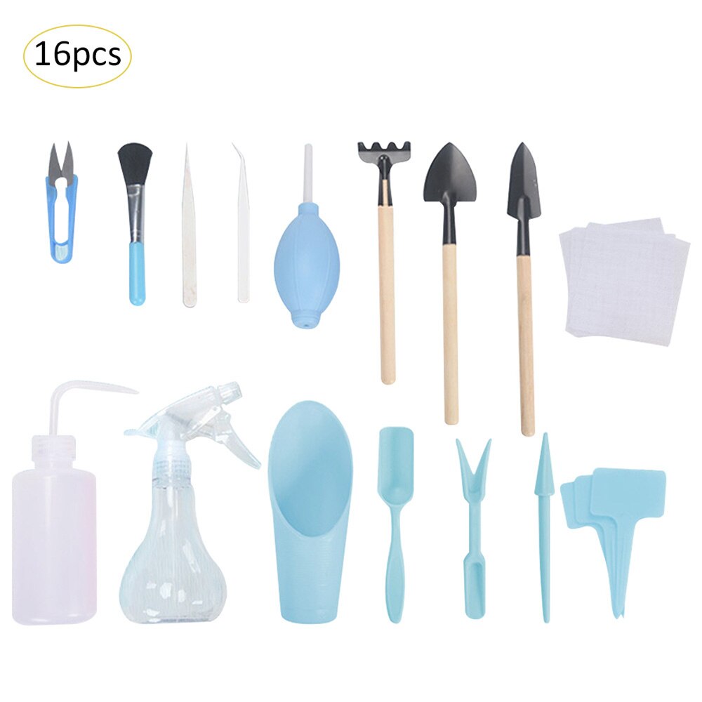 Succulent Planting Tools 16pcs Mini Garden Hand Tool Shovel Spade Rake Tweezers Kettle Succulent Plants Planting Bonsai Tools: Blue