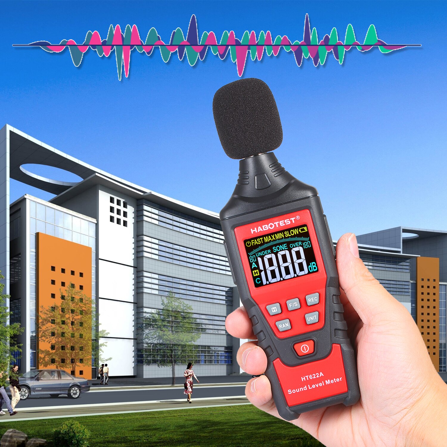 Habotest HT622A Digitale Decibel Meter Lcd-kleurenscherm Handheld Noise Sound Level Meter Met Tool Bag Bereik Van 30-130dB (een)