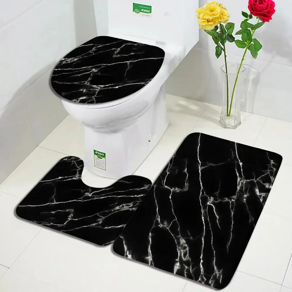 Abstract Black White Marble Bath Mat Set Geometric Texture Modern Carpet Home Bathroom Decor Non-slip Rugs Toilet Cover