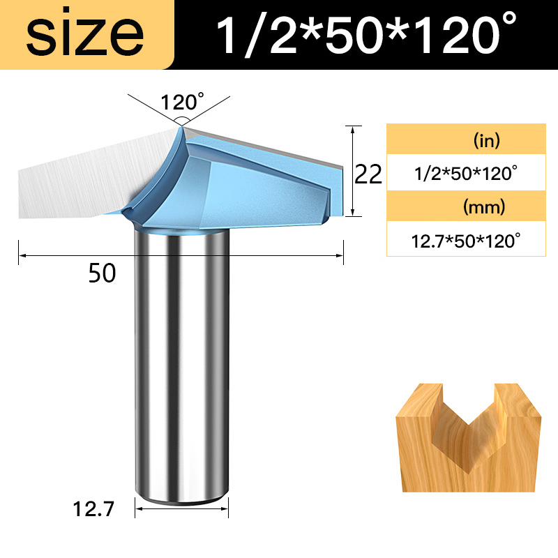 Tideway V Groove Router Bit 120 150 Degree Double Flutes Carving Bit Woodworking Tools Engraving Slotting Cutter for Wood CNC: 22mm