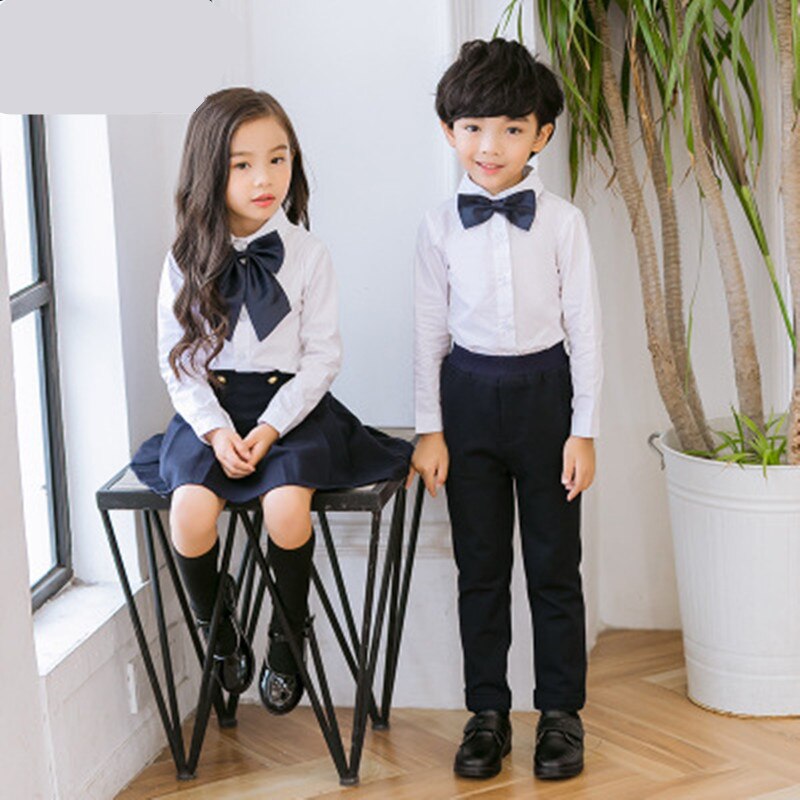 Kid's School Clothes Sets Primary Students Costume Japanese Korean School Uniform Boys And Girls White Shirt+Navy Skirt Tie