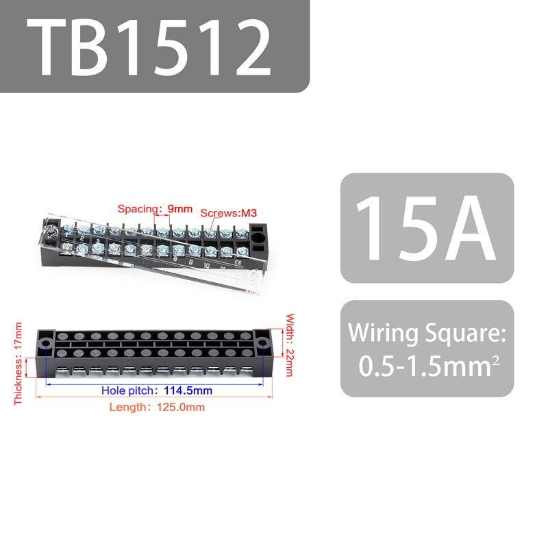 1 stk dobbelt række barriere skrue terminal blok strip wire stik 600v 15a 3/4/6/8/10/12 positioner valgfri: Tb1512