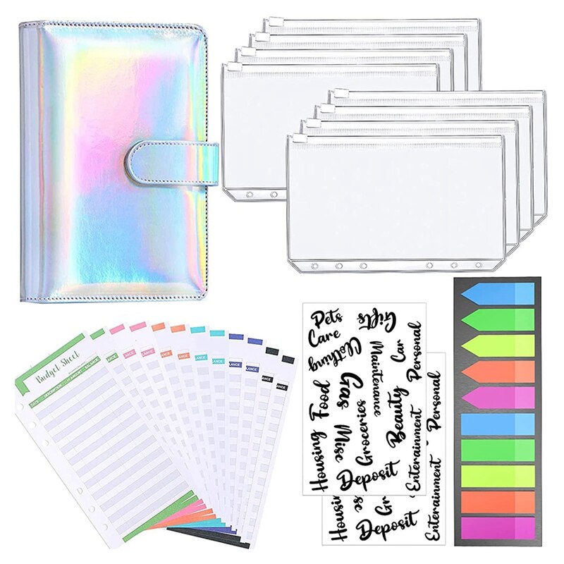 A6 Binder,PU Refillable 6 Ring Notebook Binder Binder Pockets,Expense Budget Sheets Sticker Labels,Labels: Light Yellow