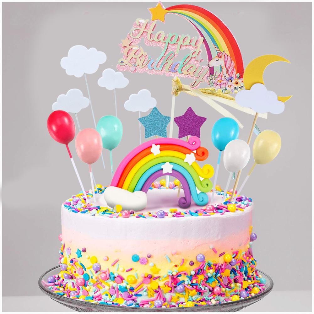 Fanhaus enhjørning kage topper sæt sky regnbue ballon tillykke med fødselsdagen banner banner kage dekoration dreng pige børn fødselsdag