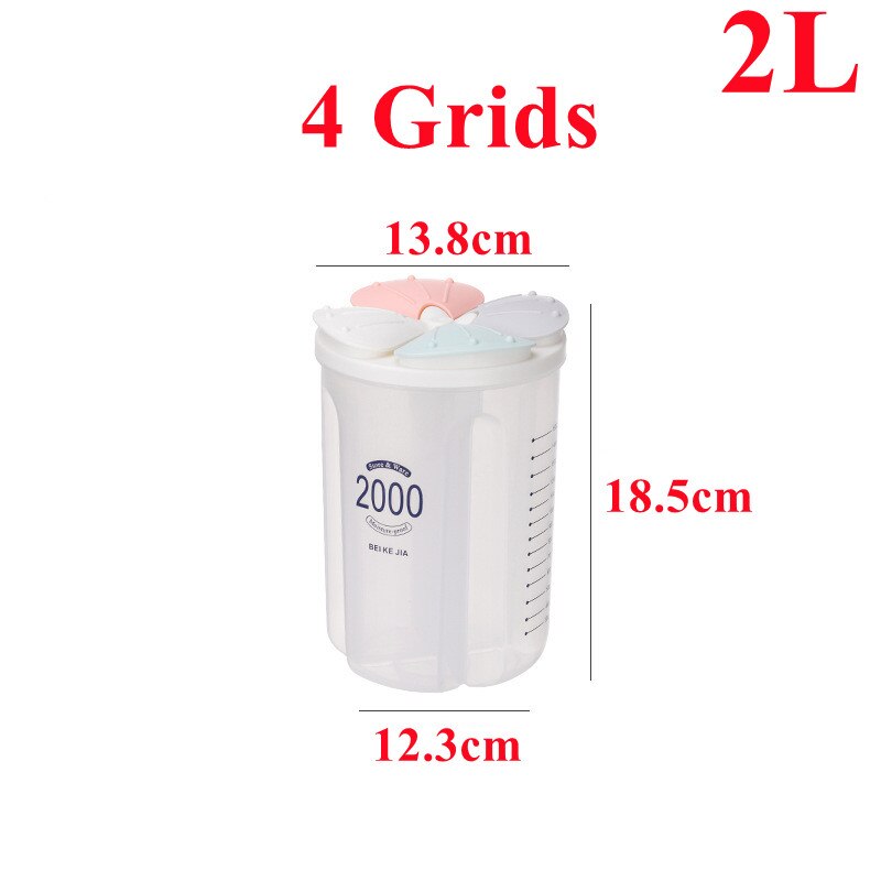 1.5/2/2.5/3L Plastic Food Storage Container with Lid Kitchen Storage Box Refrigerator Noodle Multigrain Jars Home Food Container: 4grids-2000ml