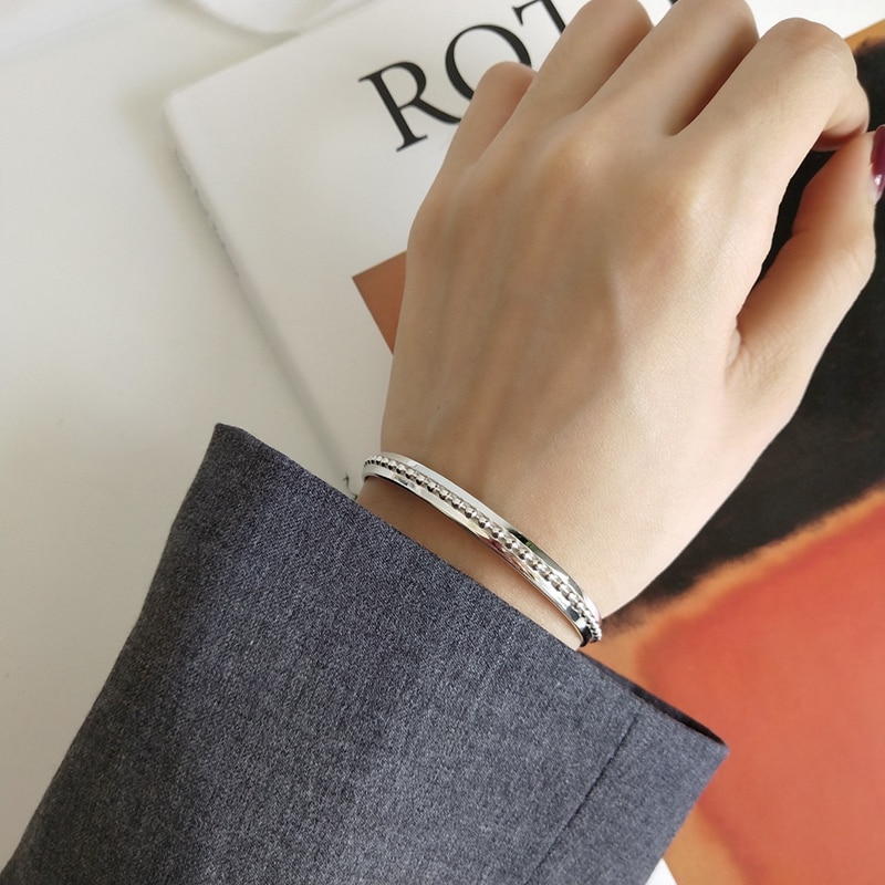 LouLeur 925 Sterling silber neue Konvexen runde perle offene armreif Industrielle Wind Original armreifen für frauen Festival schmuck