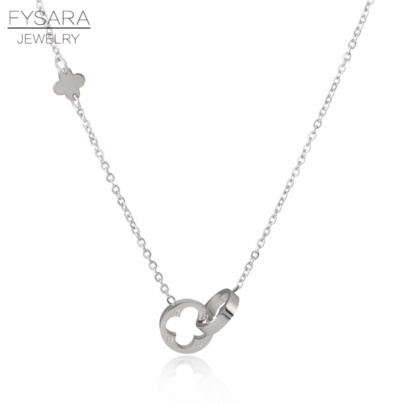 FYSARA Classic Brand Love Two Circle Double Buckle Necklace Roman Numeral Flower Clover Necklace Stainless Steel Gold Clavicle: silver flower