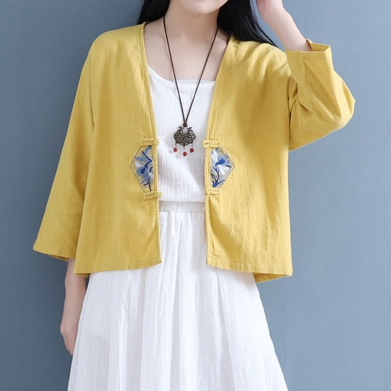 Estilo chino ropa blusa de las mujeres amarillo chino camisa Qipao de algodón superior en línea tienda china mujer asiática de la ropa 10065: 4