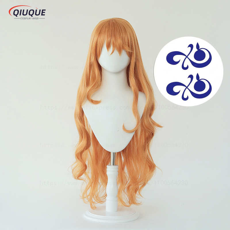 Adult Nami Cosplay Wig Women 75cm Long Curly Wavy Orange Heat Resistant Hair Anime Cosplay Wigs + Wig Cap: Blue