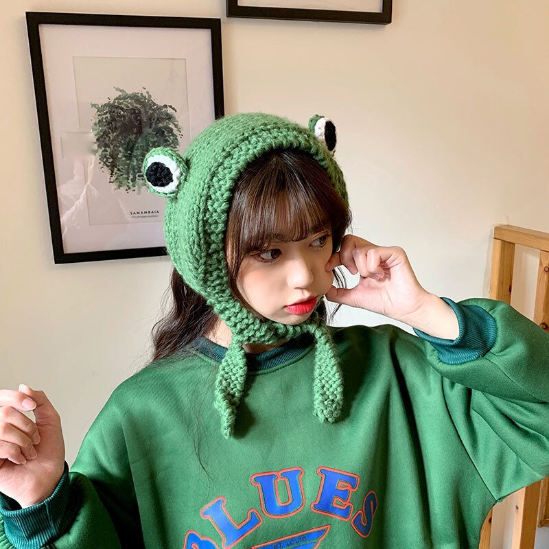 Cute Big Eyes Frog Hat Woman Woolen Knitted Hat Outdoor Hat Short Winter Children Long Hat Korean Student Hat Christmas