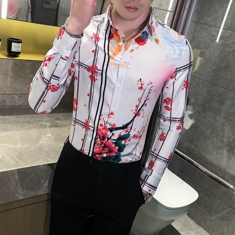 Blommiga skjortor för män höst långärmad casual skjorta slim fit streetwear social nattklubb blus camisa masculina: Vit / L 55-60kg