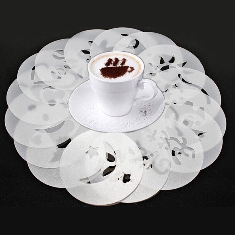 16 stuks/set plastic cappuccino koffie stencil filter koffiezetapparaat koffie barista mal mal spuitkussen koffie tools 13*8.5cm