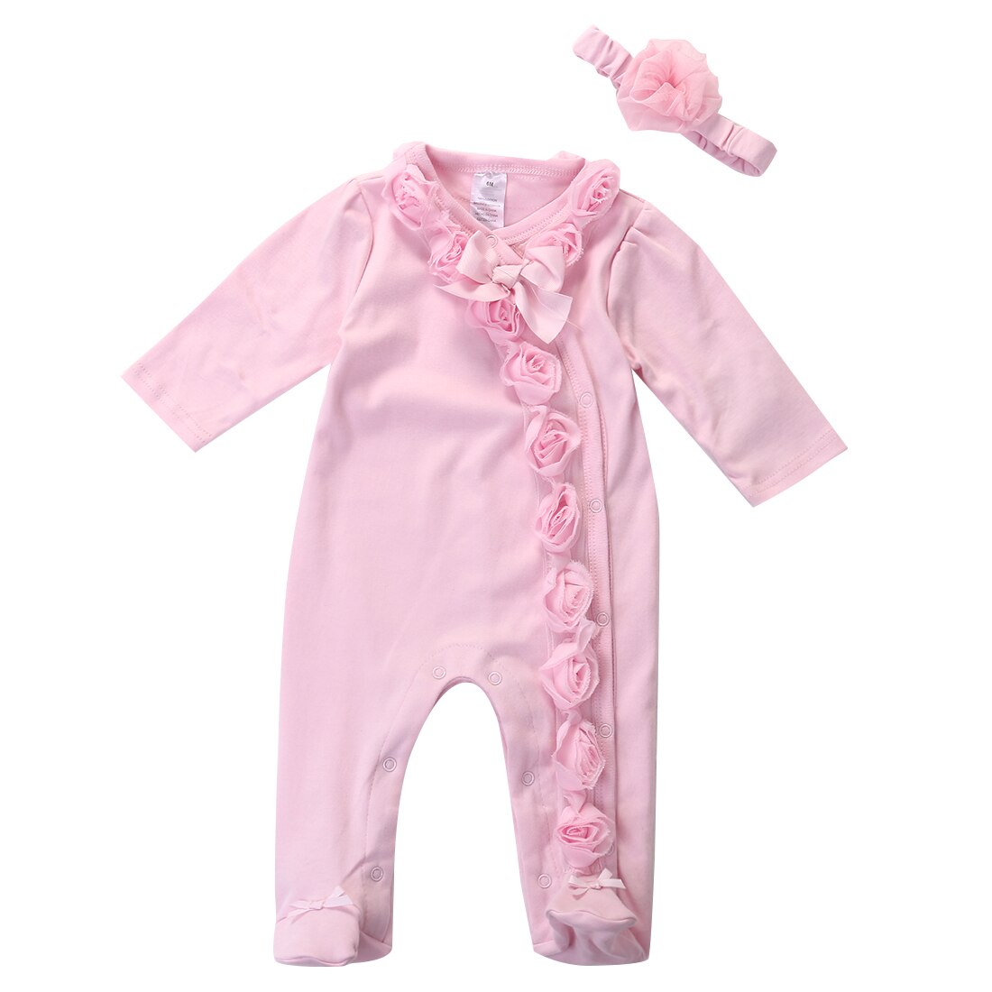 Langermet nyfødt spedbarn baby jenter 0 ~ 7m rosa blomster sløyfe fottøy + pannebånd klær antrekk sett