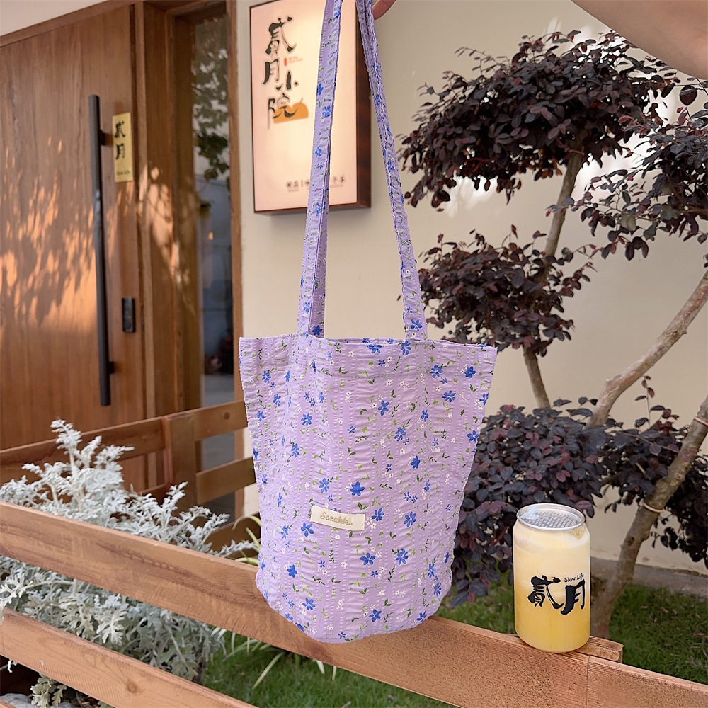 Summer Floral Women's Bucket Shoulder Bags Large Capacity Female Tote Underarm Bag Retro Flower Ladies Travel Handbags Purse: SKY BLUE