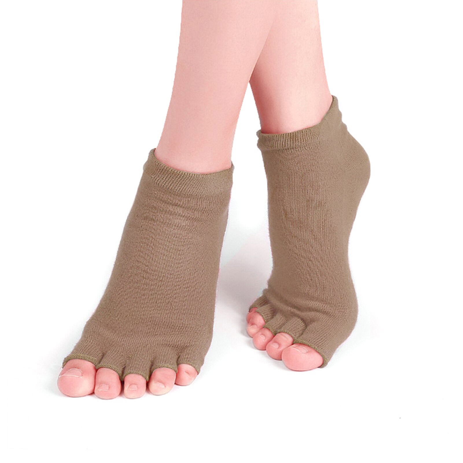 3/1Pair Half Toe Yoga Socks Non-Slip Peep Toe Anti-Slip Pilates Ankle Grip Durable Open Half Five Fingers Cotton Yoga Socks: Khaki-1 pair