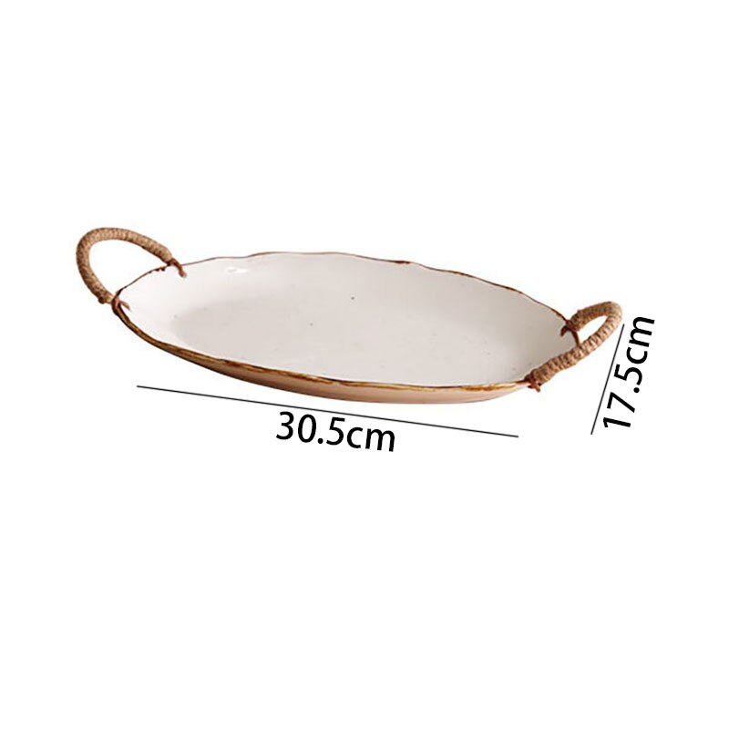 Retro Keramische Plaat Creatieve Hennep Touw Binaural Decoratieve Ontbijt Brood Schotel Desktop Fruitsalade Platen Keuken Servies: C-large