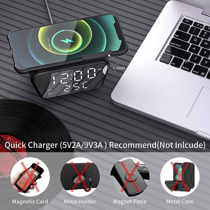 Alarm Clock with Wireless Charging - Alarm Clocks Bedside Mains Powered, 3 Alarms,LED Display with Time/Temperature/Date
