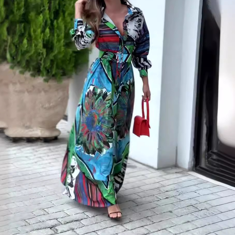 Damekjoler med trykk lange kjoler v-hals lange ermer avslappet slank sommer høy midje belte fest hobo vestidos