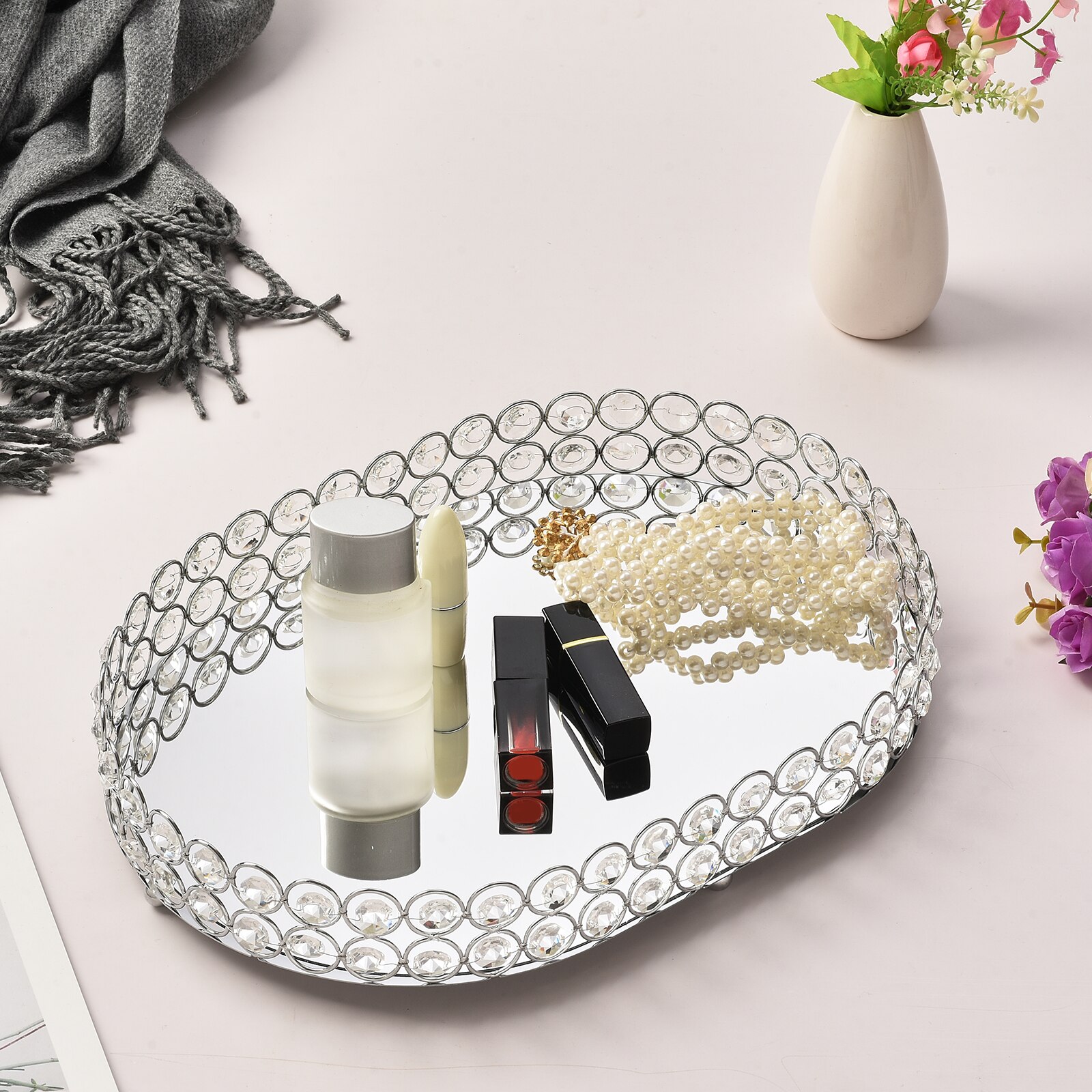 Mirrored Crystal Vanity Tray Delicate Jewelry Storage Tray Glass Mirror Base Bedroom Bathroom Desktop Cosmetic Organize Plate