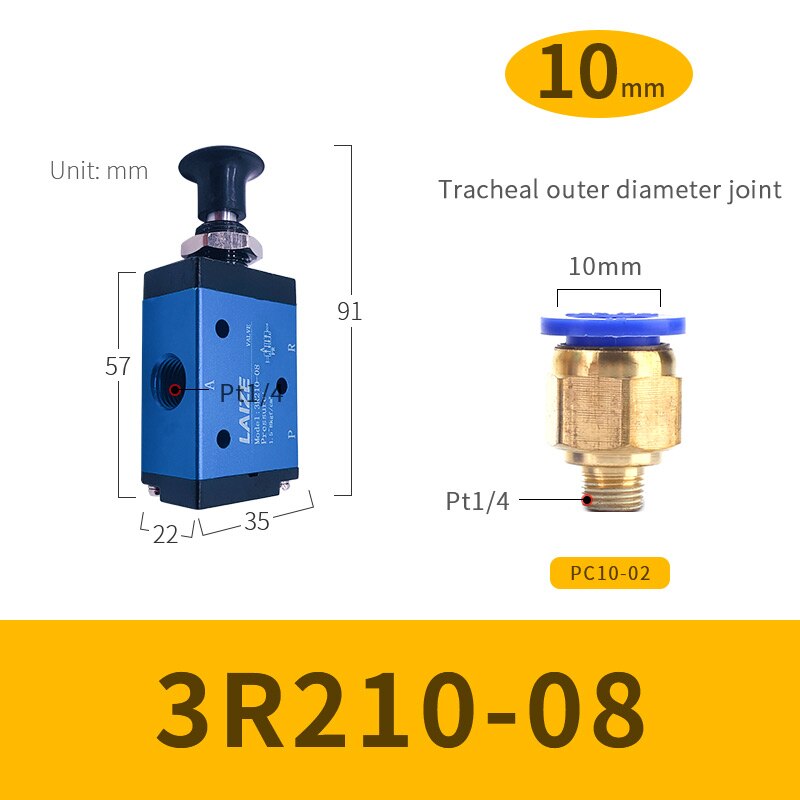 Pneumatisk omkopplare manuell ventil 3 r 210-08 hand tryck dragventil mekanisk ventil cylinder ventil omkopplingsventil pneumatisk styrning: 10