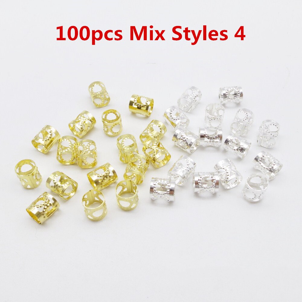 100 stk/lot gylden/sølv justerbar micro viking hår dread fletter dreadlock skjegg perler mansjetter klips ringer for hårtilbehør: 100 stk miks stiler 4