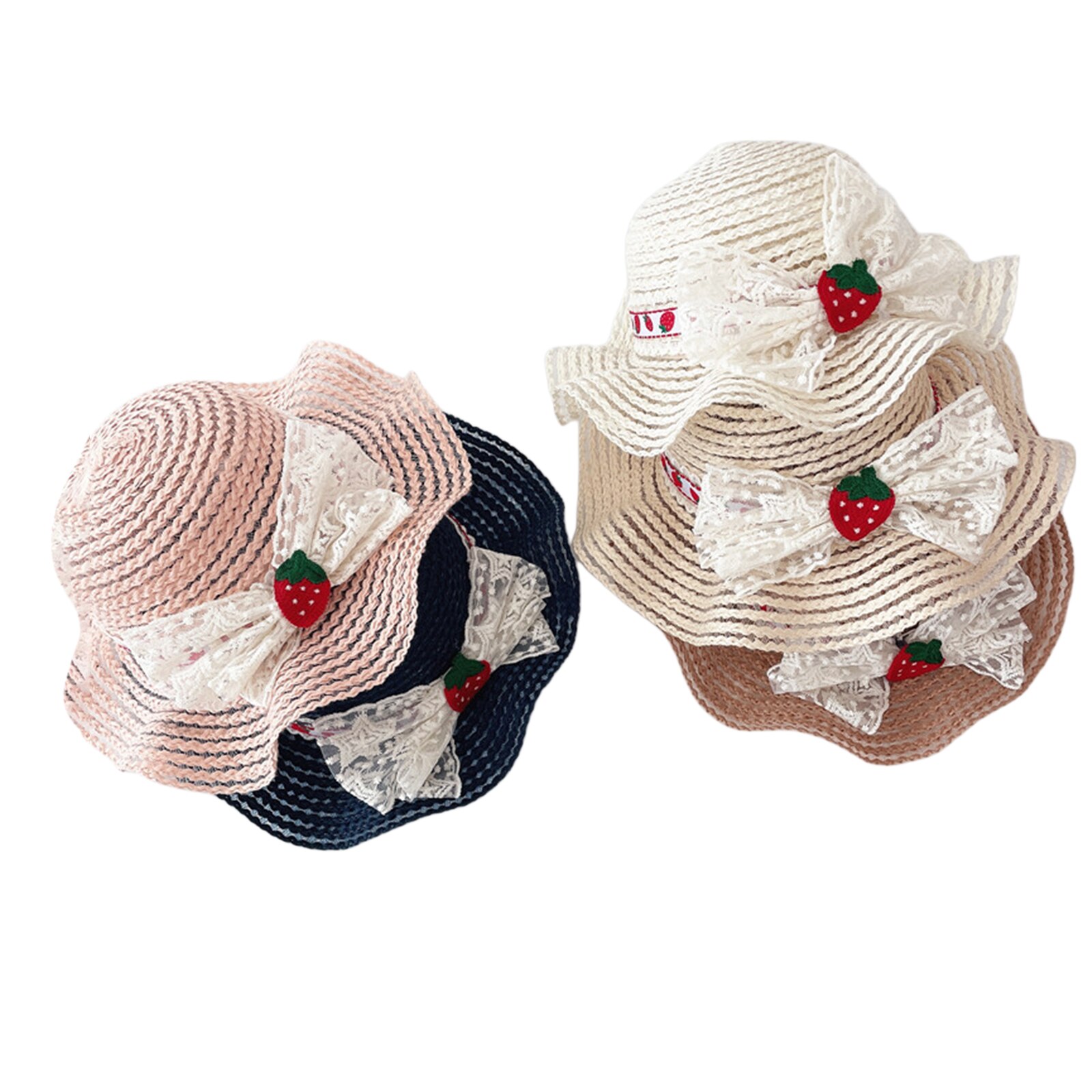 Kids Girls Boater Straw Hat Outdoor Wide Brim Seaside Summer Beach Flat Top Sun Caps Strawberry Bowknot Panama Straw Cap