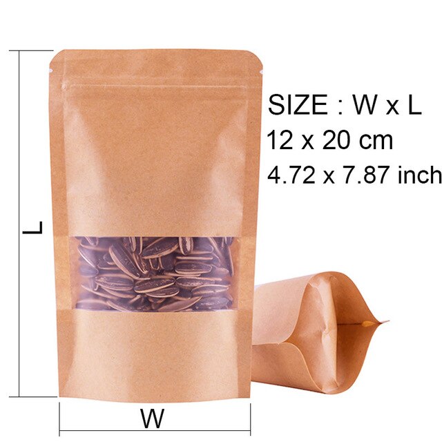 50pcs Kraft Paper Bags Zip Lock Brown With Window Stand Up Resealable Grip Ziplock Pouches Tea Coffee Bean Candy Packaging Food: 12x20cm