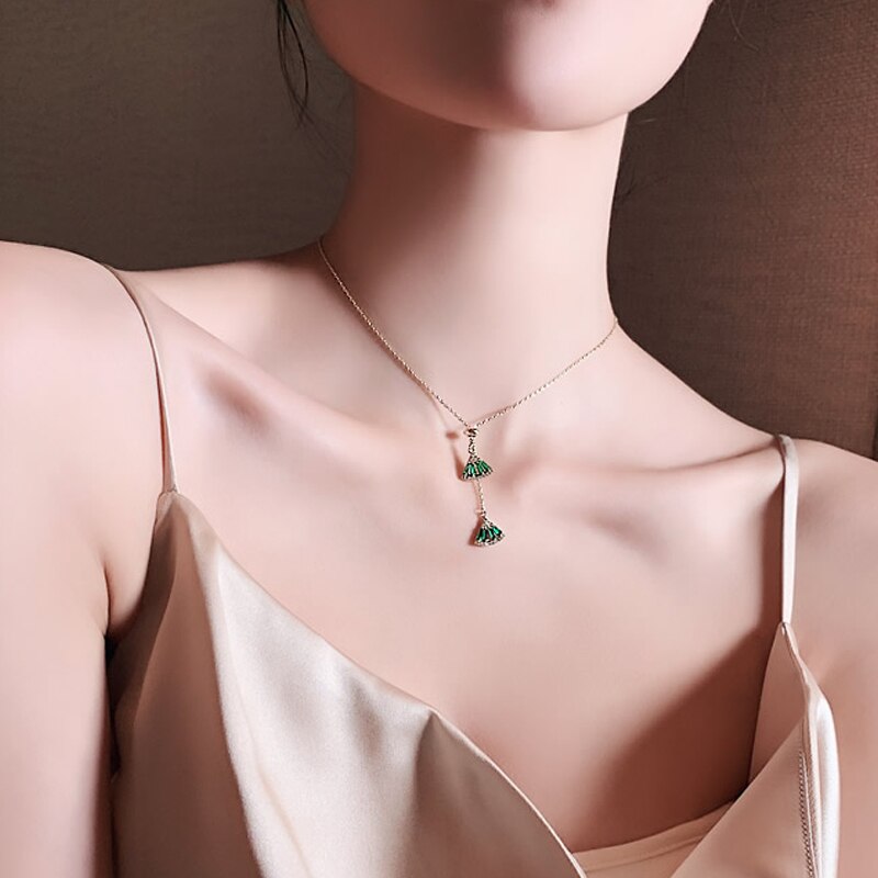 Luxury Female Green Zircon Fan Shape Pendant Necklaces For Women Jewelry