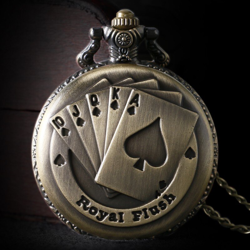 Weihnachten Jahrgang Antike Bronze- Kupfer königlich spülen Poker Karten Taschenuhr Uhr Halskette Kette Männer Frauen P80