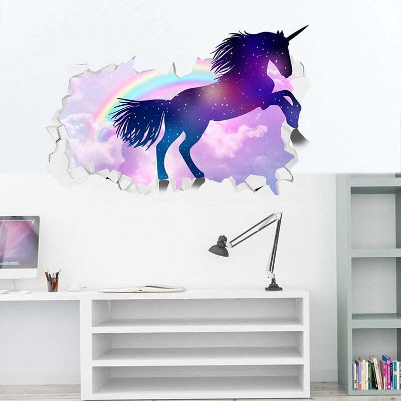 Enhjørning hest forset wallstickers 3d gå i stykker de vegg effekt bildeinnstilling klistremerke dekorativt barnehagedekor