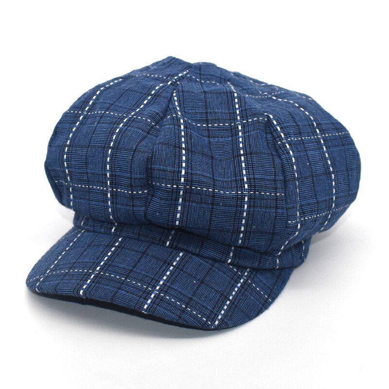 Fuodrao ottekantede hatte kvinder koreanske afslappet plaid baret hat vintage hatte gorras maler hat newboy caps  c7: Blå