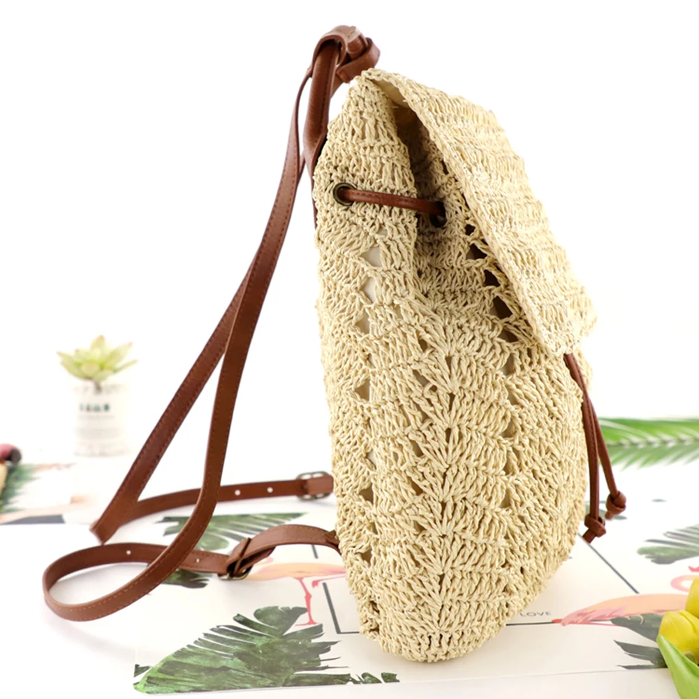 Women Straw Backpack Handmade Woven Casual Beach Shoulders Bucket Bag